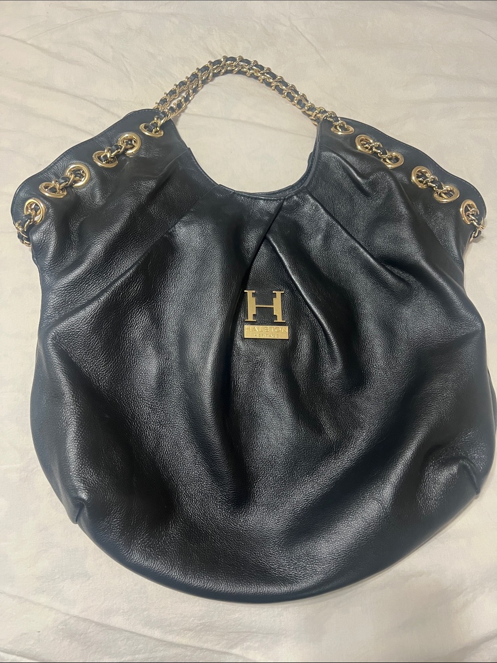 Halston Heritage Black Leather Shoulder Bag with Gold Chain